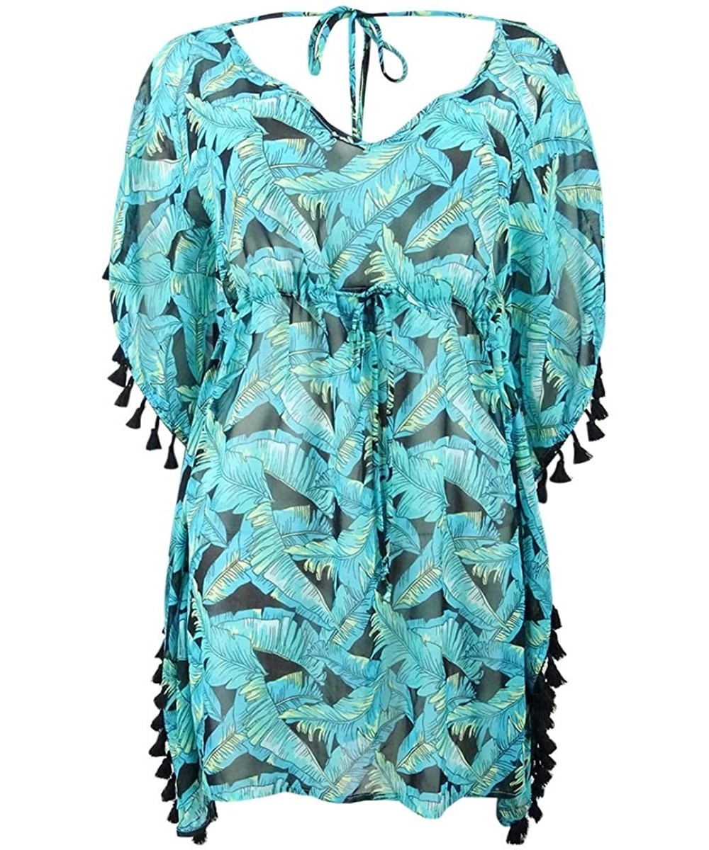 Womens Leaf-Print V-Back Tassle Tunic Dress Swim Cover-Up - Green - CW18OH2MOUU $16.02-Cover-Ups