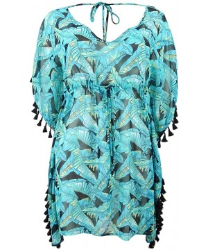 Womens Leaf-Print V-Back Tassle Tunic Dress Swim Cover-Up - Green - CW18OH2MOUU $16.02-Cover-Ups