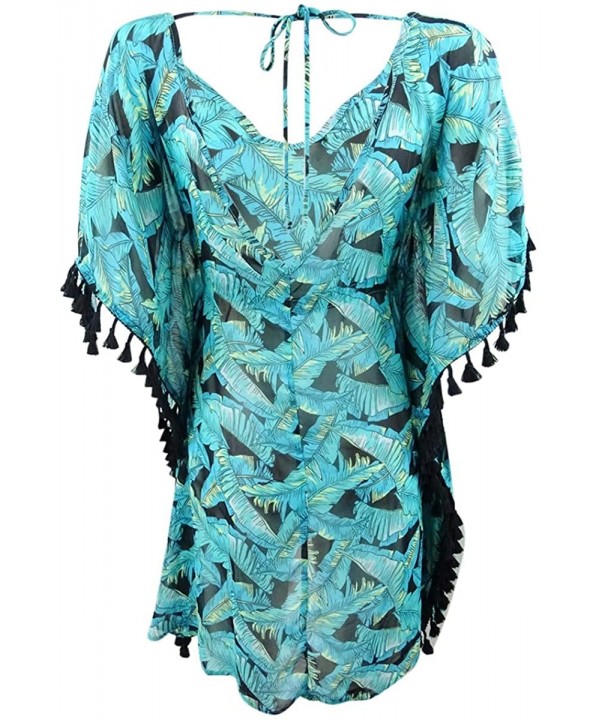 Womens Leaf-Print V-Back Tassle Tunic Dress Swim Cover-Up - Green - CW18OH2MOUU $16.02-Cover-Ups