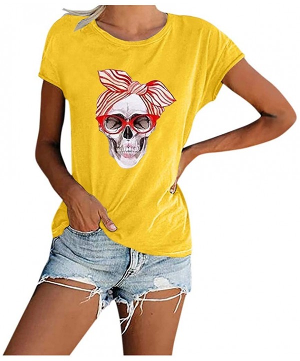 Skull Shirts for Women Woman T Shirt Skull Wear Headband Solid Junior Tops Tee Punk Street Style Lady Shirt Yellow - CR1987U5...