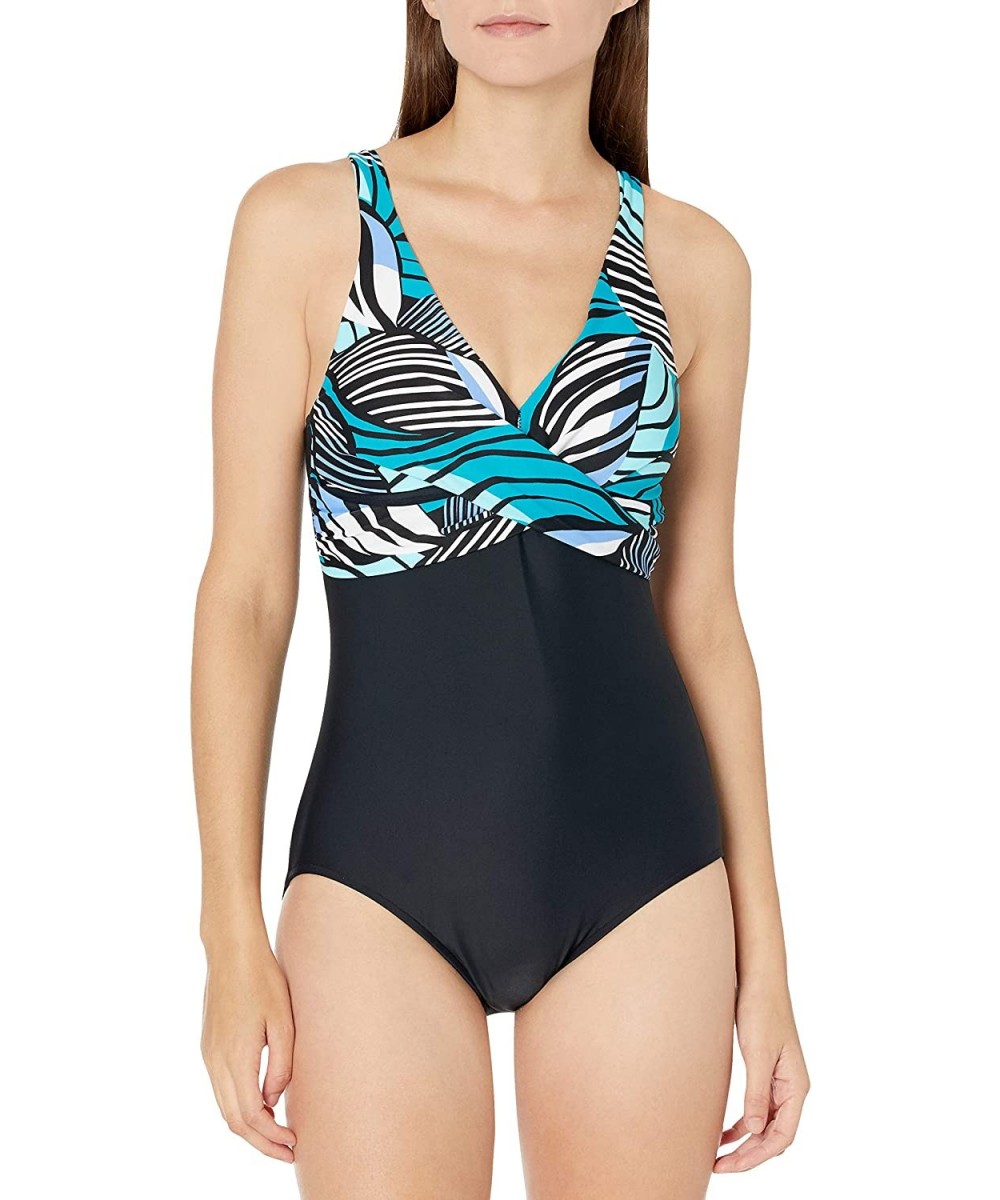 Women's V-Neck Drape Front Mio One Piece Swimsuit - Emerald//Zebra Leaf - C818Y8DS8XN $38.28-One-Pieces