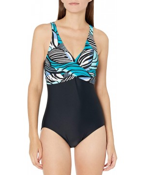 Women's V-Neck Drape Front Mio One Piece Swimsuit - Emerald//Zebra Leaf - C818Y8DS8XN $38.28-One-Pieces