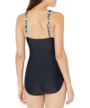 Women's V-Neck Drape Front Mio One Piece Swimsuit - Emerald//Zebra Leaf - C818Y8DS8XN $38.28-One-Pieces