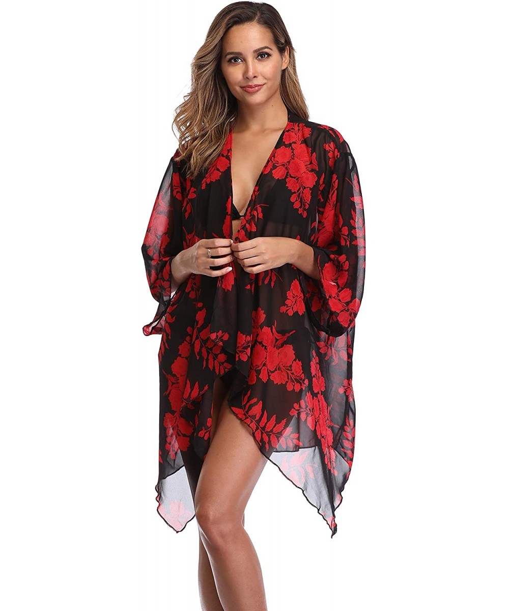 Women's Floral Chiffon Kimono Cardigan Summer Beachwear Swimsuit Cover up - Red9 - C31822908HH $12.74-Cover-Ups