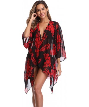 Women's Floral Chiffon Kimono Cardigan Summer Beachwear Swimsuit Cover up - Red9 - C31822908HH $12.74-Cover-Ups