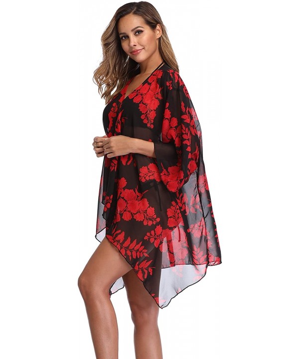 Women's Floral Chiffon Kimono Cardigan Summer Beachwear Swimsuit Cover up - Red9 - C31822908HH $12.74-Cover-Ups