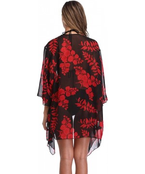 Women's Floral Chiffon Kimono Cardigan Summer Beachwear Swimsuit Cover up - Red9 - C31822908HH $12.74-Cover-Ups