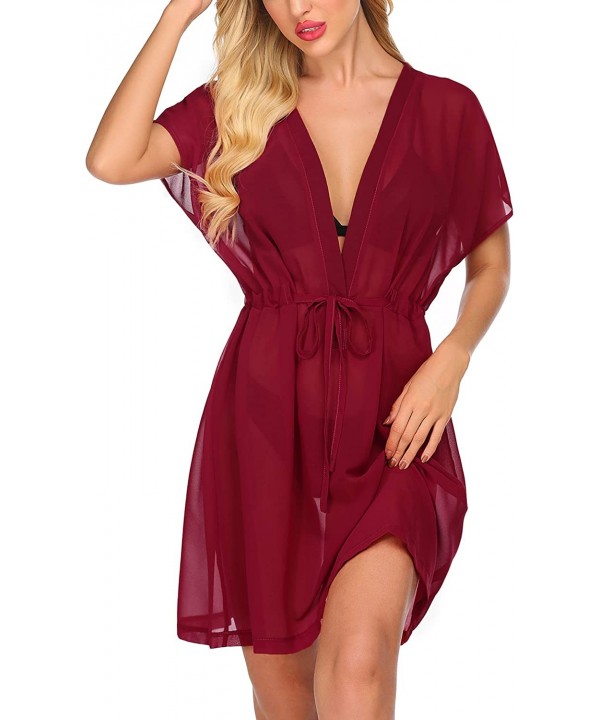 Swimsuit Cover Ups for Women Bikini Cardigan Chiffon Kimono Sheer Beach Coverup - Dark Red - CI196OG5CI8 $19.35-Cover-Ups