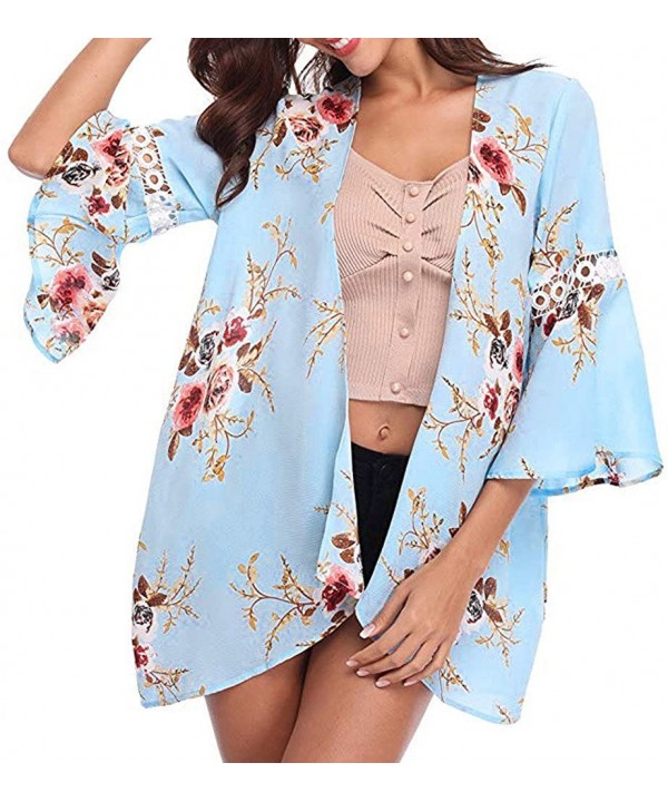 Casual Chiffon Cardigan Long Sleeve Lace Kimono for Women Solid Blouse Tops - T Blue - C318OT3EYHQ $19.85-Cover-Ups