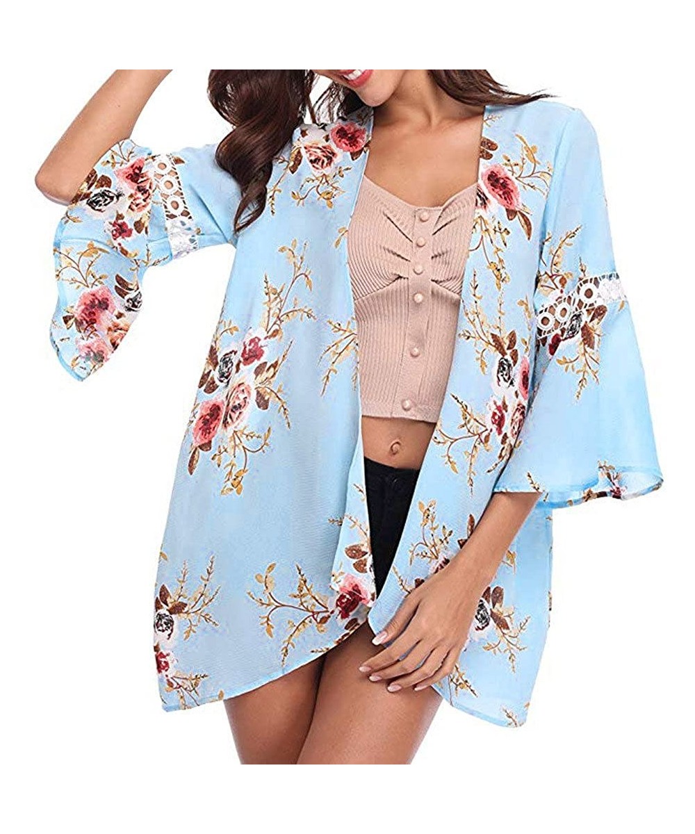 Casual Chiffon Cardigan Long Sleeve Lace Kimono for Women Solid Blouse Tops - T Blue - C318OT3EYHQ $19.85-Cover-Ups