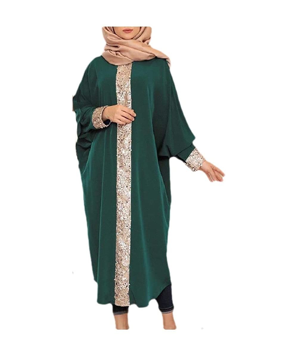 Women Muslim Islamic Dubai Batwing Sleeve Sequin Kaftan Dress - Green - C81907X2N5Z $37.46-Cover-Ups