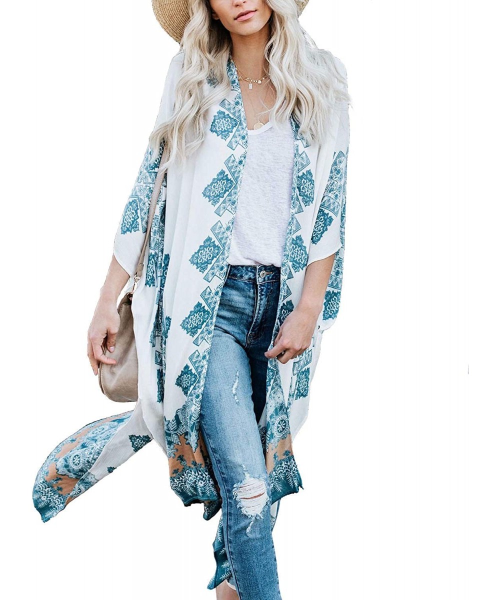 Women's Summer Long Flowy Kimono Cardigans Boho Chiffon Floral Beach Cover Up Tops - 2b-white - CS18R5T88UG $20.98-Cover-Ups