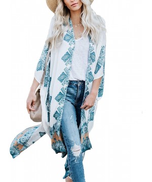 Women's Summer Long Flowy Kimono Cardigans Boho Chiffon Floral Beach Cover Up Tops - 2b-white - CS18R5T88UG $20.98-Cover-Ups