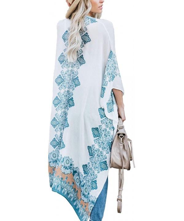 Women's Summer Long Flowy Kimono Cardigans Boho Chiffon Floral Beach Cover Up Tops - 2b-white - CS18R5T88UG $20.98-Cover-Ups