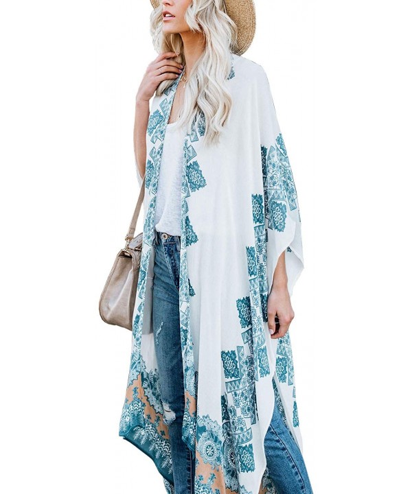 Women's Summer Long Flowy Kimono Cardigans Boho Chiffon Floral Beach Cover Up Tops - 2b-white - CS18R5T88UG $20.98-Cover-Ups