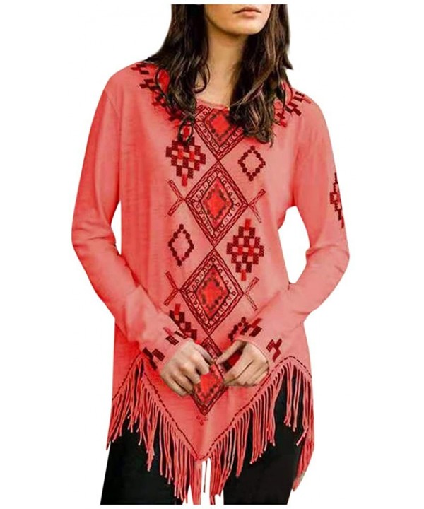 Women's Autumn Daily Long Sleeve Print Top Casual Tee Shirts Tassel Fashion Loose Tunic Bloouse Tops - Red - CD192HIW46Q $16....