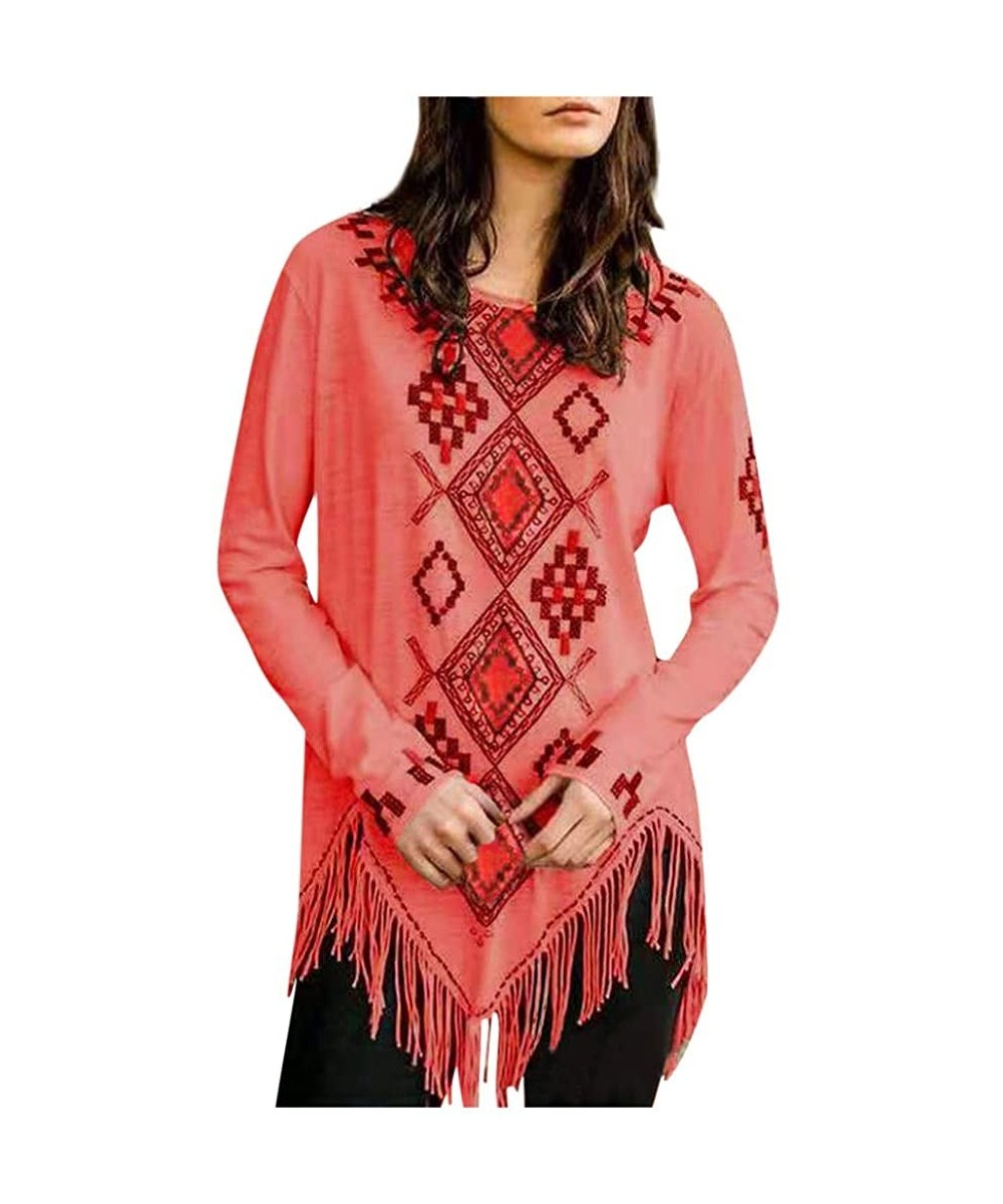 Women's Autumn Daily Long Sleeve Print Top Casual Tee Shirts Tassel Fashion Loose Tunic Bloouse Tops - Red - CD192HIW46Q $16....