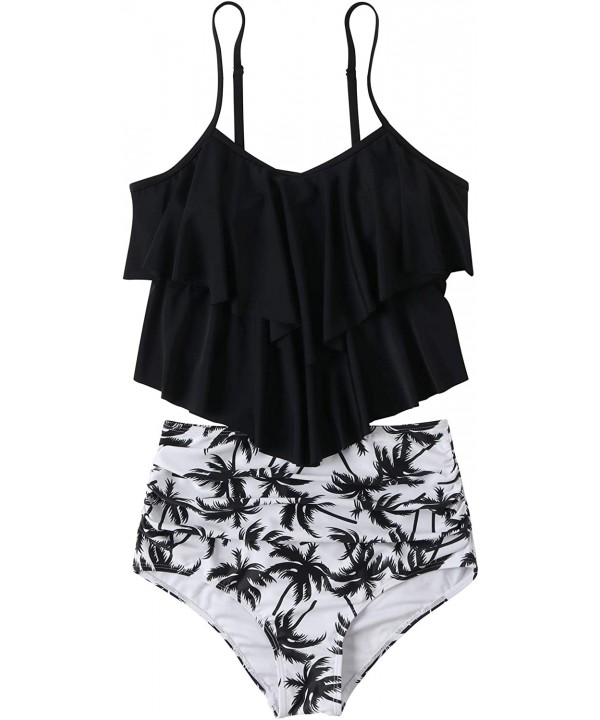 Women Floral Printed High Waisted Ruffled Flounce 2 Piece Swimwear Bikini - Black-1 - C8190MMGSDM $29.30-Sets