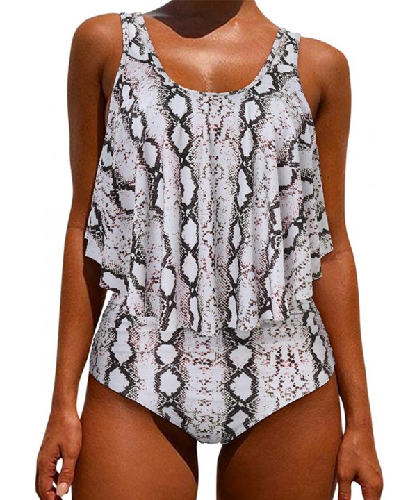 Women's Ruffle Bikini Swimsuit High Waisted Bottom Plus Size Swimwear Tankini - Snakeskin Print - C3196H3XLD3 $33.07-Sets