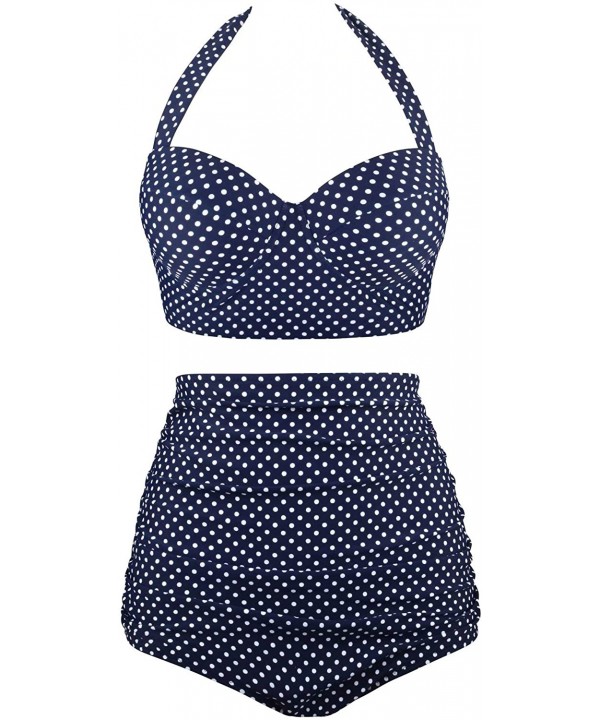 Women Vintage Two Piece Swimsuits High Waisted Bathing Suits with Underwired Top - New Size-halter Navy Polka Dot - CU1966I6L...