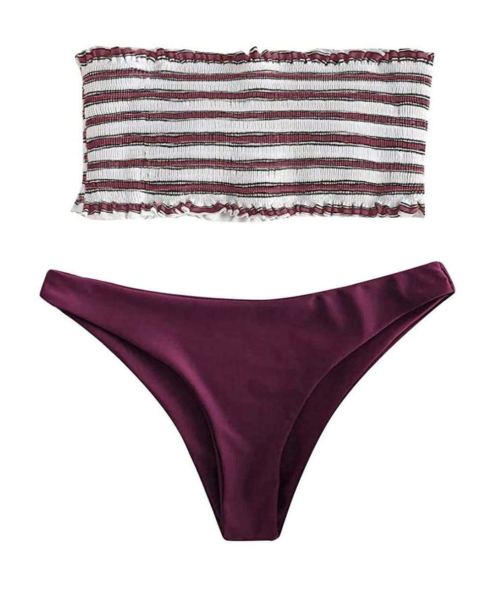 Women 2 Pieces High Cut Bandeau Bikini Swimsuits Cute Stripe Sunflower Print Off Shoulder Push-Up Bathing Suit Set - Purple -...