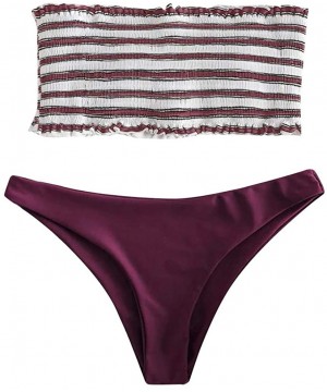 Women 2 Pieces High Cut Bandeau Bikini Swimsuits Cute Stripe Sunflower Print Off Shoulder Push-Up Bathing Suit Set - Purple -...