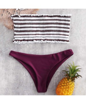 Women 2 Pieces High Cut Bandeau Bikini Swimsuits Cute Stripe Sunflower Print Off Shoulder Push-Up Bathing Suit Set - Purple -...