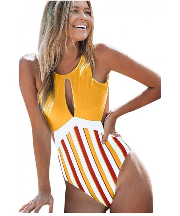 Swimsuit Womens One Piece Swimwear Round Neck Hollow Out Sexy High Waist Stripe Backless Bikini Suit - Yellow - CV19449WI0N $...