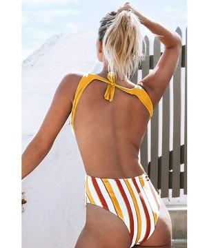 Swimsuit Womens One Piece Swimwear Round Neck Hollow Out Sexy High Waist Stripe Backless Bikini Suit - Yellow - CV19449WI0N $...