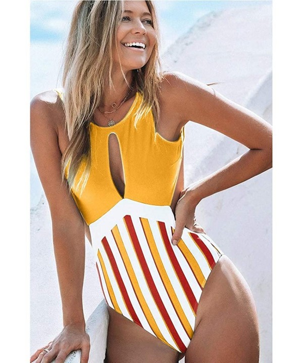 Swimsuit Womens One Piece Swimwear Round Neck Hollow Out Sexy High Waist Stripe Backless Bikini Suit - Yellow - CV19449WI0N $...