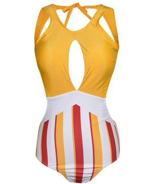 Swimsuit Womens One Piece Swimwear Round Neck Hollow Out Sexy High Waist Stripe Backless Bikini Suit - Yellow - CV19449WI0N $...