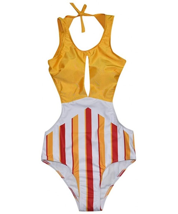 Swimsuit Womens One Piece Swimwear Round Neck Hollow Out Sexy High Waist Stripe Backless Bikini Suit - Yellow - CV19449WI0N $...