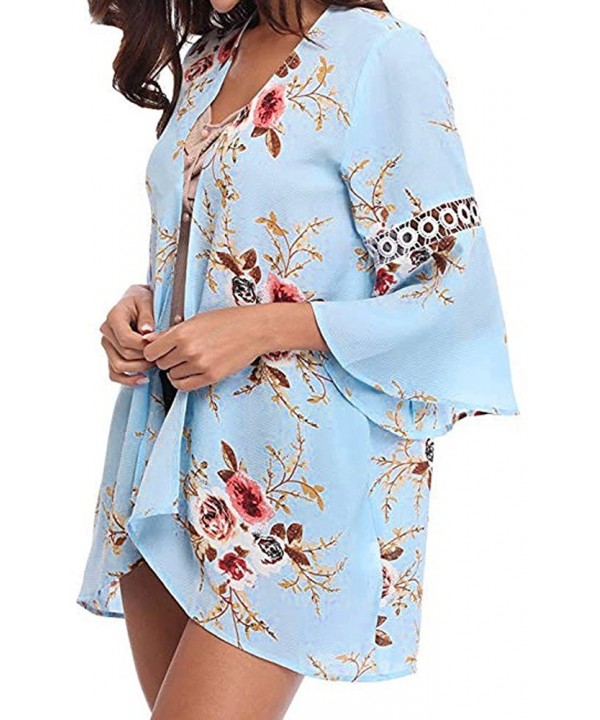 Casual Chiffon Cardigan Long Sleeve Lace Kimono for Women Solid Blouse Tops - T Blue - C318OT3EYHQ $19.85-Cover-Ups