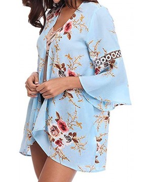 Casual Chiffon Cardigan Long Sleeve Lace Kimono for Women Solid Blouse Tops - T Blue - C318OT3EYHQ $19.85-Cover-Ups