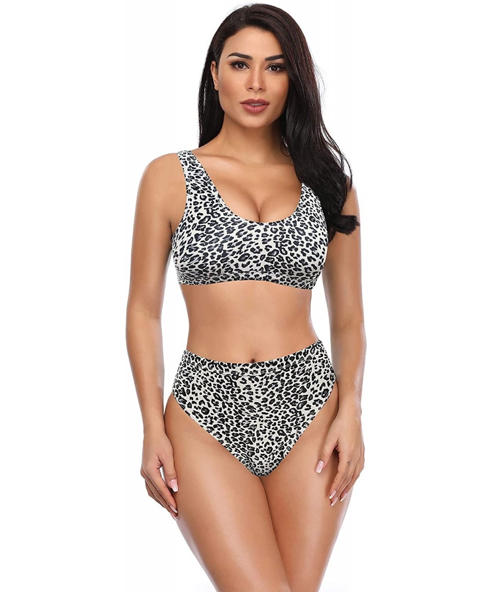 Women's Sport Low Scoop Crop Top High Waisted Bottom Two Piece Swimsuits - Leopard Print - a - C318AIAKLME $25.23-Sets