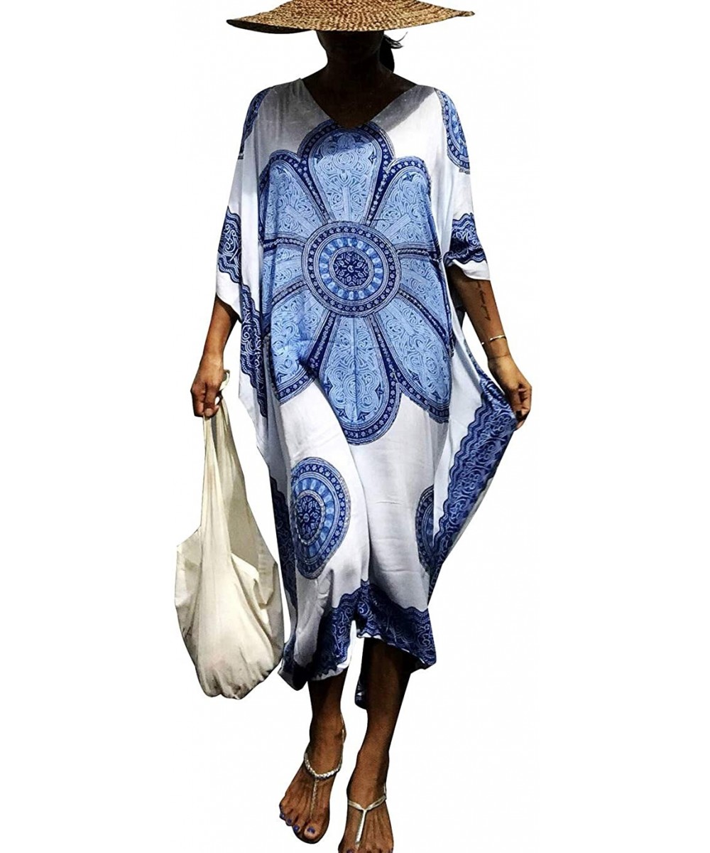 Women Plus Size Kaftan Swimsuit Cover Up Beach Caftan Dresses - A-blue - C718XZM38HR $26.28-Cover-Ups