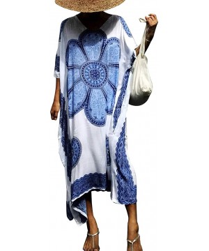 Women Plus Size Kaftan Swimsuit Cover Up Beach Caftan Dresses - A-blue - C718XZM38HR $26.28-Cover-Ups