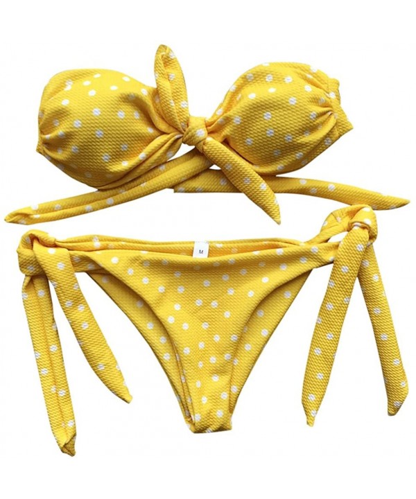 Womens Polka Dot Bikini Swimsuit Two Piece Bandeau Bandage Tube Bra Strapless Side Tie Triangle Bathing Suit Yellow - C618O95...