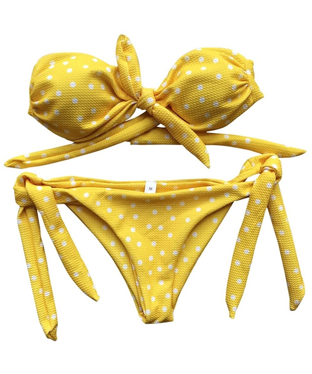 Womens Polka Dot Bikini Swimsuit Two Piece Bandeau Bandage Tube Bra Strapless Side Tie Triangle Bathing Suit Yellow - C618O95...