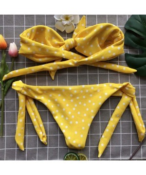 Womens Polka Dot Bikini Swimsuit Two Piece Bandeau Bandage Tube Bra Strapless Side Tie Triangle Bathing Suit Yellow - C618O95...