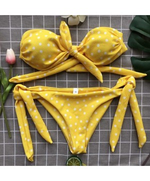 Womens Polka Dot Bikini Swimsuit Two Piece Bandeau Bandage Tube Bra Strapless Side Tie Triangle Bathing Suit Yellow - C618O95...