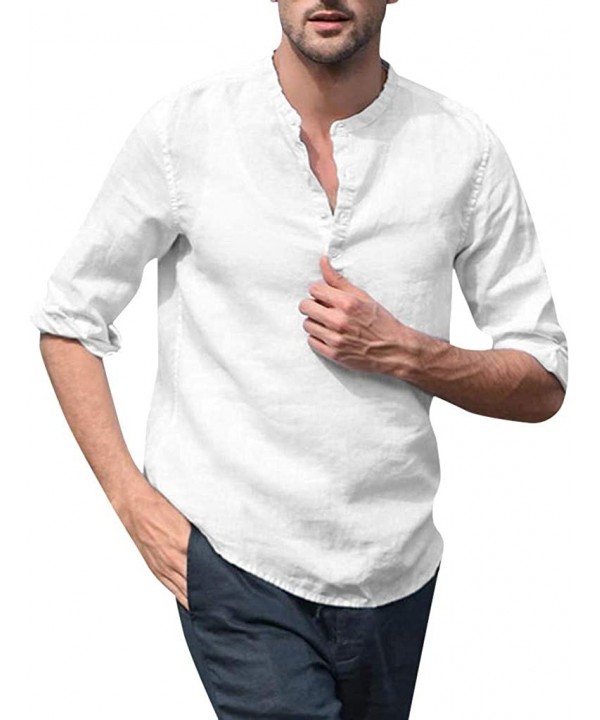 Fashion Men's Linen Henry Shirts Solid Color Long Sleeve Stand Collar Casual T-Shirt M-XXXL - White - CO18W4LYXWC $19.32-Rash...