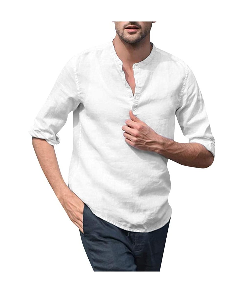 Fashion Men's Linen Henry Shirts Solid Color Long Sleeve Stand Collar Casual T-Shirt M-XXXL - White - CO18W4LYXWC $19.32-Rash...