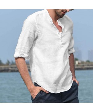 Fashion Men's Linen Henry Shirts Solid Color Long Sleeve Stand Collar Casual T-Shirt M-XXXL - White - CO18W4LYXWC $19.32-Rash...