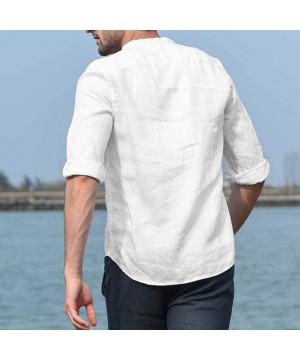 Fashion Men's Linen Henry Shirts Solid Color Long Sleeve Stand Collar Casual T-Shirt M-XXXL - White - CO18W4LYXWC $19.32-Rash...