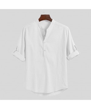 Fashion Men's Linen Henry Shirts Solid Color Long Sleeve Stand Collar Casual T-Shirt M-XXXL - White - CO18W4LYXWC $19.32-Rash...