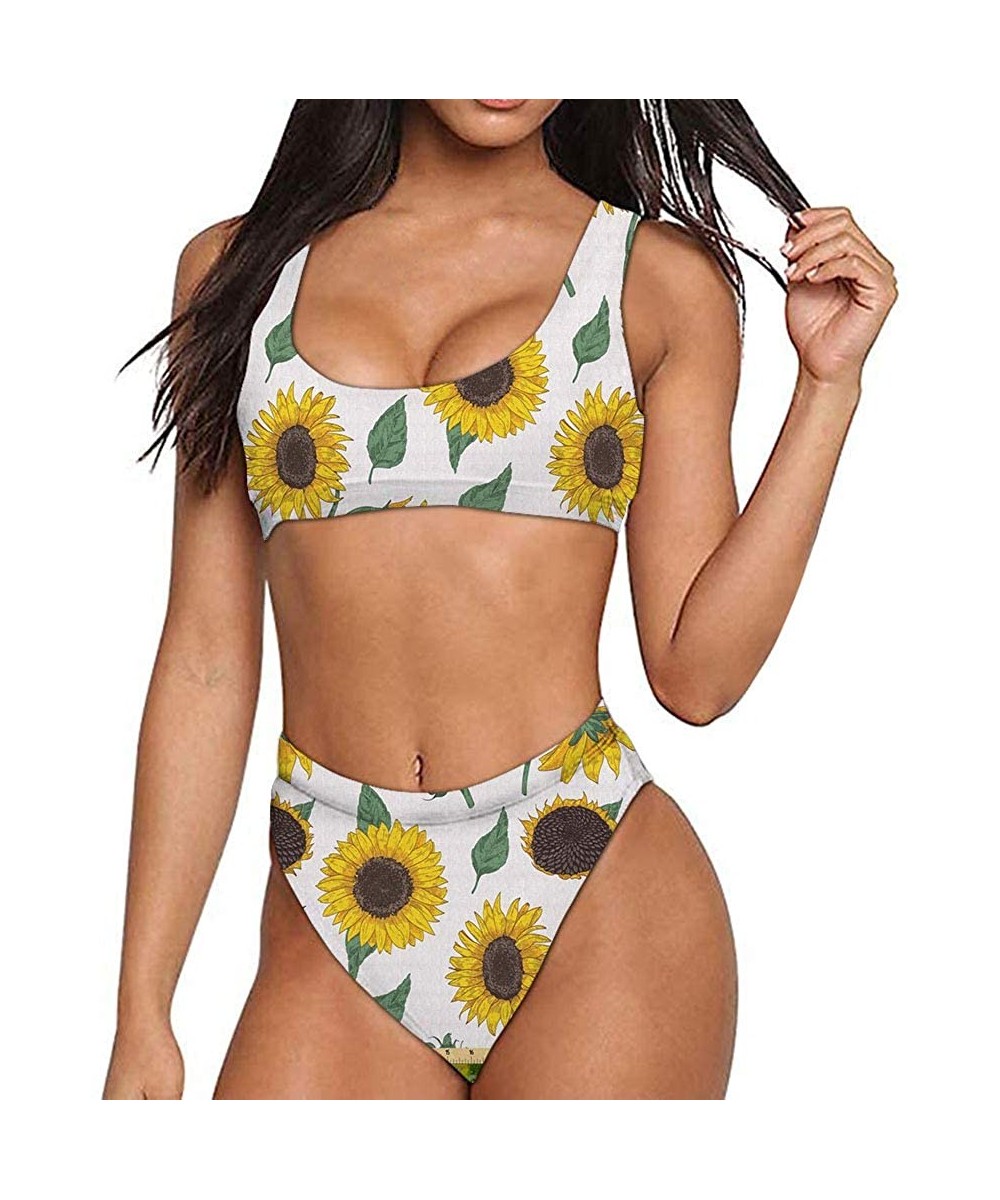 Women's Bikini Sets Low Scoop Swimsuits Summer Teens Bathing Suits Cheeky Bottom - Vintage Sunflower - C0194K93ETM $19.19-Sets