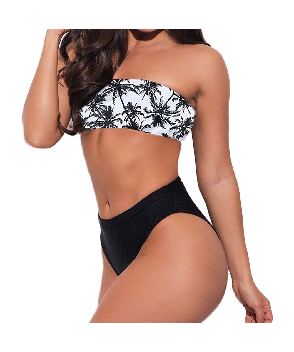 Women Bandeau 2 Piece Set Bikini Set Crop Top Solid Color Strapless Plus Size Swimsuit High Waist White Print Top - CK18SSAZ4...