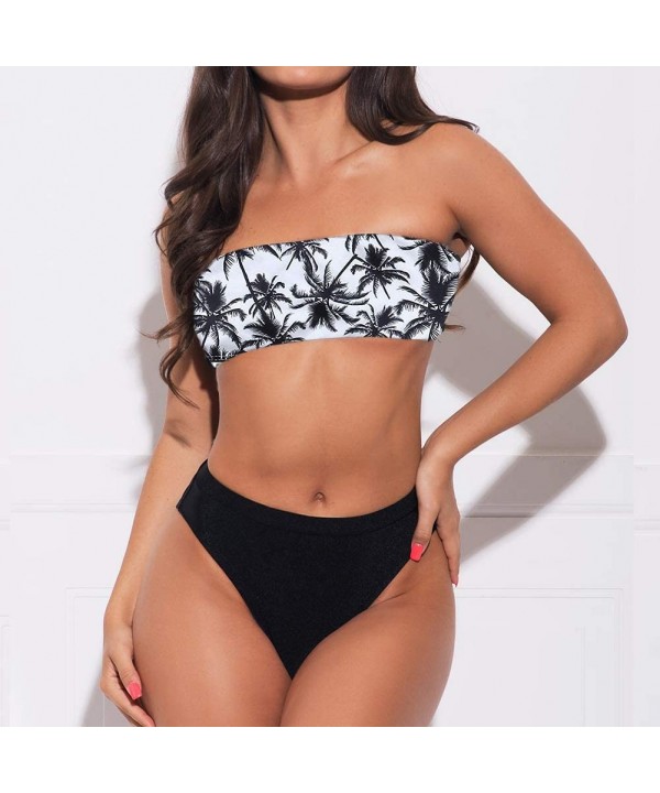 Women Bandeau 2 Piece Set Bikini Set Crop Top Solid Color Strapless Plus Size Swimsuit High Waist White Print Top - CK18SSAZ4...