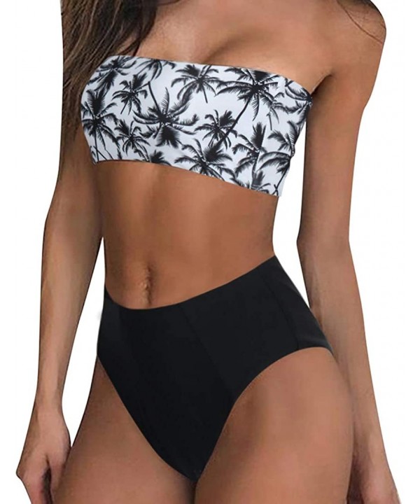 Women Bandeau 2 Piece Set Bikini Set Crop Top Solid Color Strapless Plus Size Swimsuit High Waist White Print Top - CK18SSAZ4...